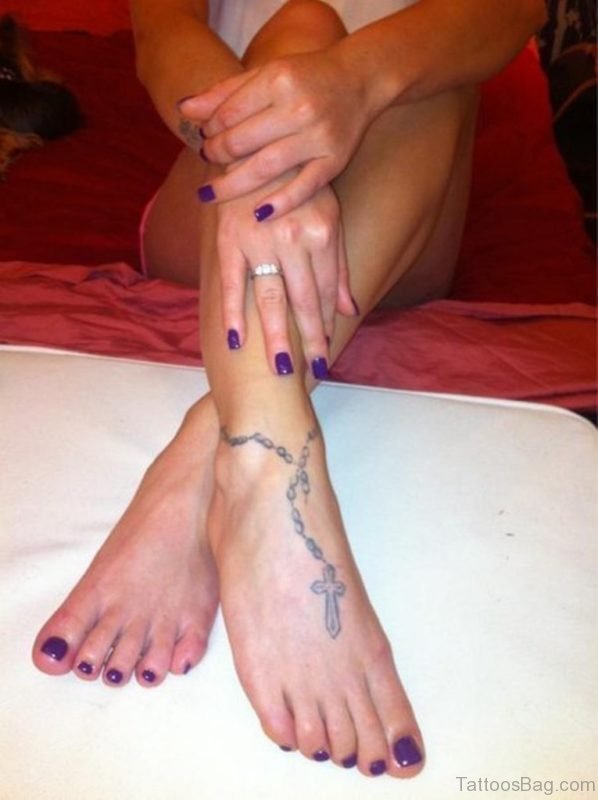 Awesome Rosary Cross Tattoo On Right Ankle