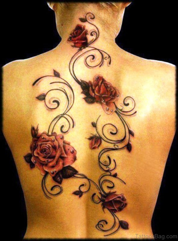 Awesome Rose Vine Tattoo On Back