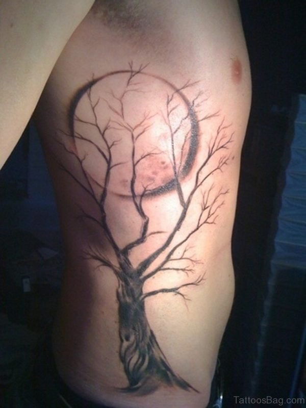 Awesome Tree And Full Moon Tattoos On Rib