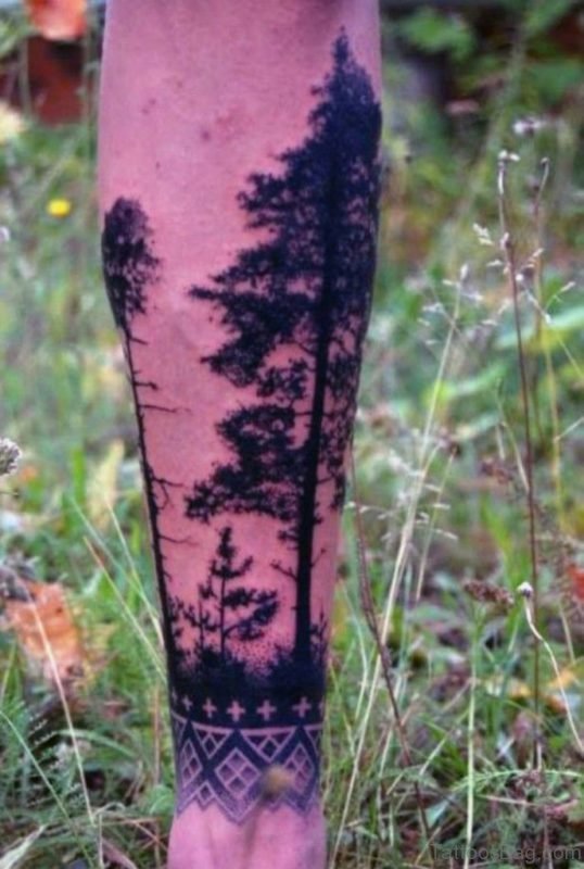 Back Of Leg Black Pine Tree Mens Tattoo