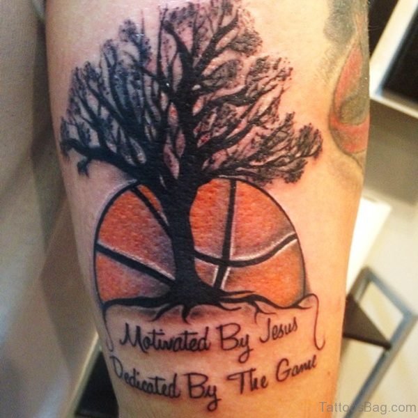 Basketball And Tree Tattoo On Shoulder