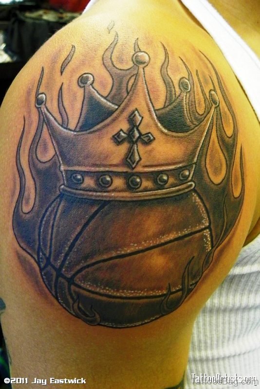 Basketball With Crown In Flame Tattoo