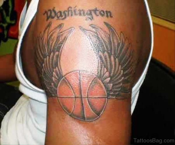Basketball With Wings Tattoo On Shoulder