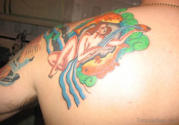 Beautiful Aquarius And Orange Fish Tattoo Design On Back