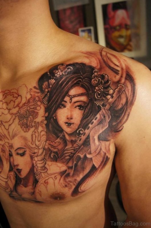 Beautiful Asian Girl Portrait Tattoos On Chest 