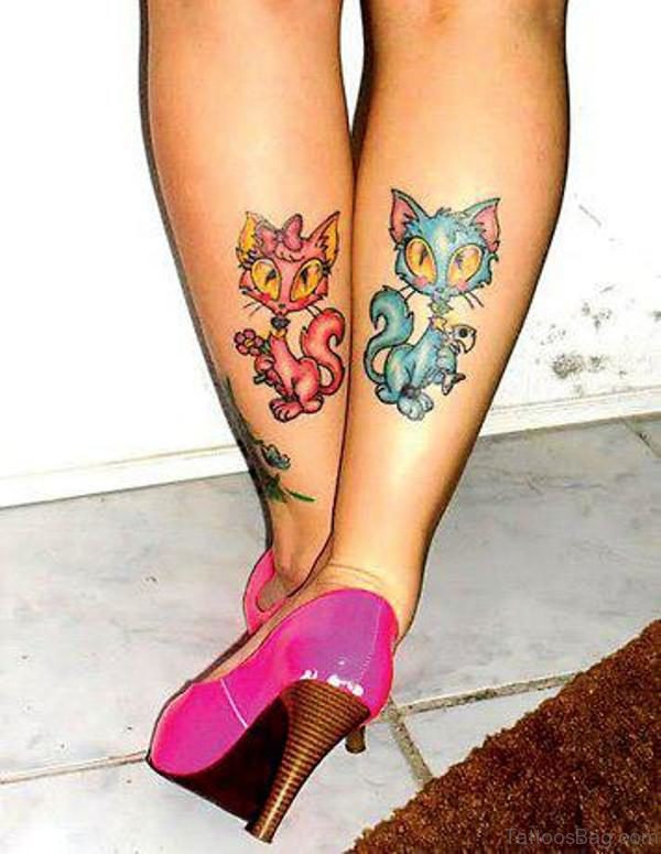 Beautiful Cat Cartoon Tattoo On Leg