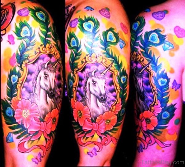 Beautiful Combined Unicorn Tattoo On Shoulder