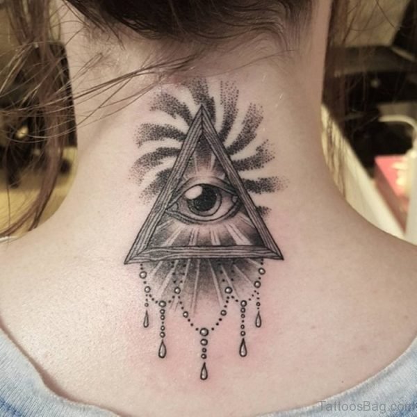 Beautiful Grey Triangle Eye Tattoo On Back Neck