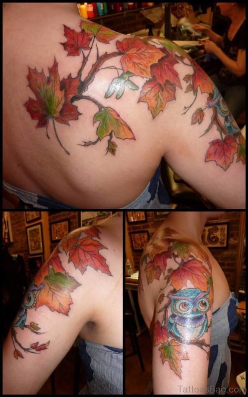 Beautiful Maple Leaves With Owl Fall Tattoo On Upper Shoulder