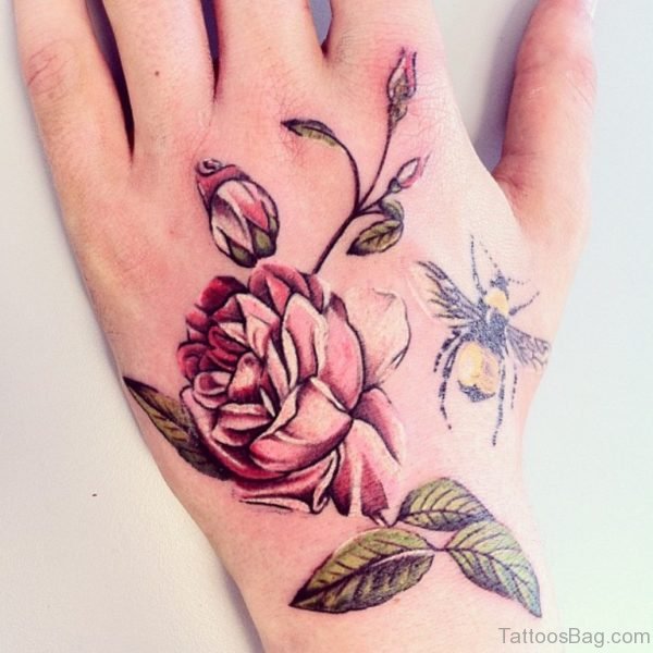 Bee And Flowers Tattoo On Hand