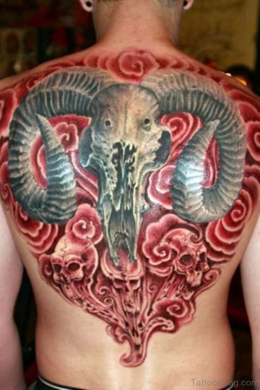 Big Aries Skull Tattoo On Back For Men