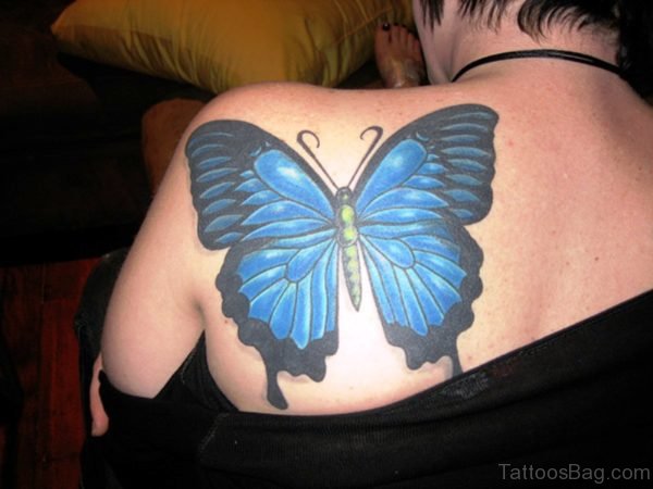 Big Blue Butterfly Tattoo On Shoulder