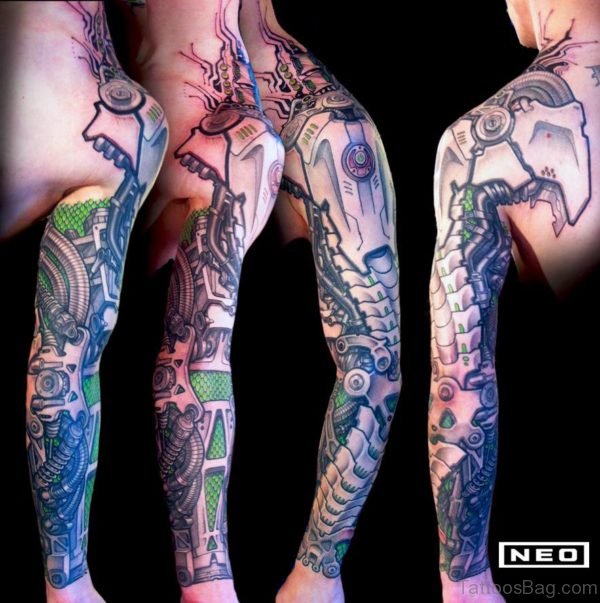 Bio Mechanical Tattoo On Full Sleeve 