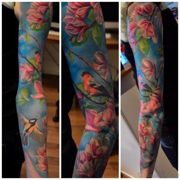 Bird And Magnolia Tattoo On Full Sleeve 