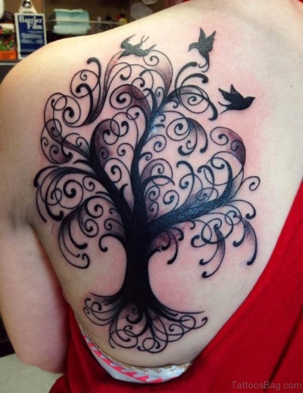 Birds Around Tree Tattoo On Back Shoulder
