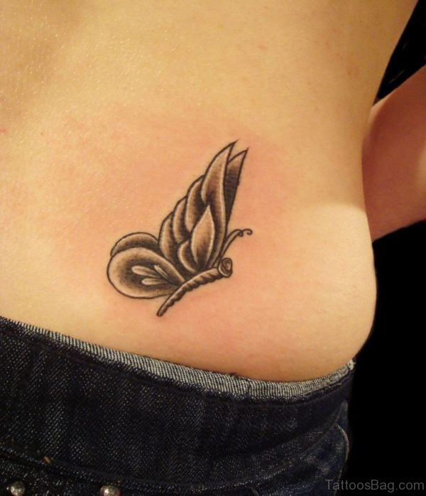 Black And Grey Butterfly Tattoo On Waist