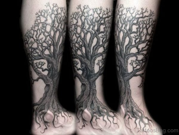 Black And Grey Tree Without Leaves Tattoo Design For Leg