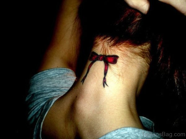 Black And Red Tattoo On Girl Nape