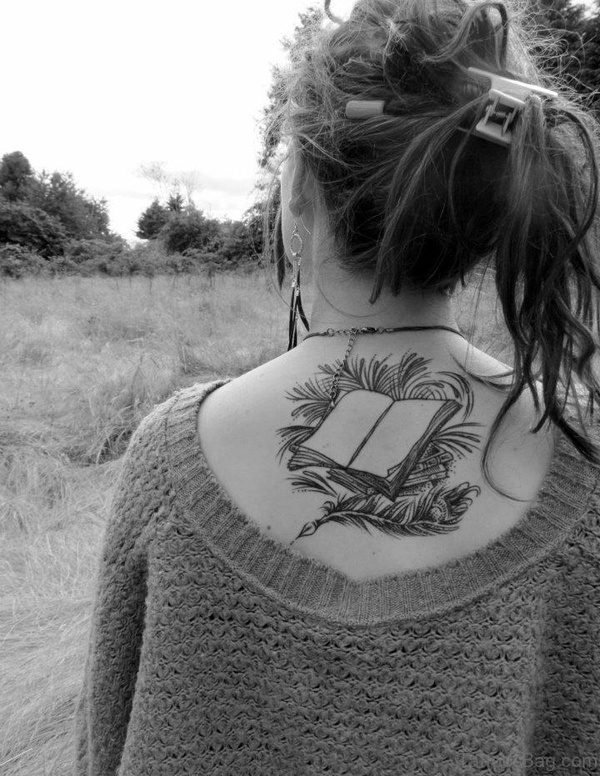 Black And White Book Tattoo On Back