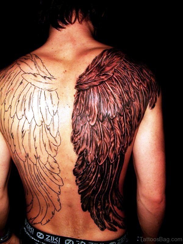 Black And White Wings Tattoo On Back