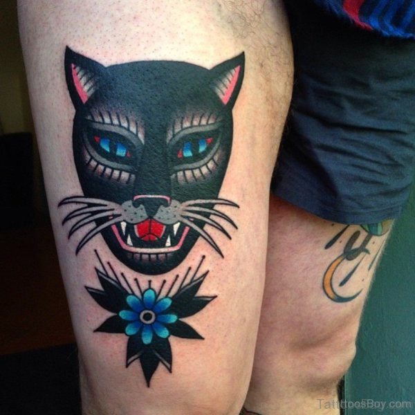 Black Angry Cat Tattoo On Thigh
