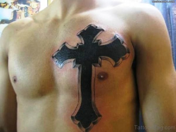 Black Bold Cross Tattoo On Chest