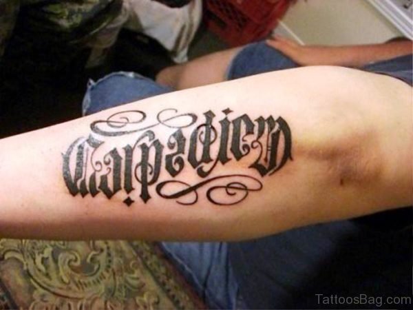 Black Carpe Diem Ambigram Tattoo On Arm.jp_