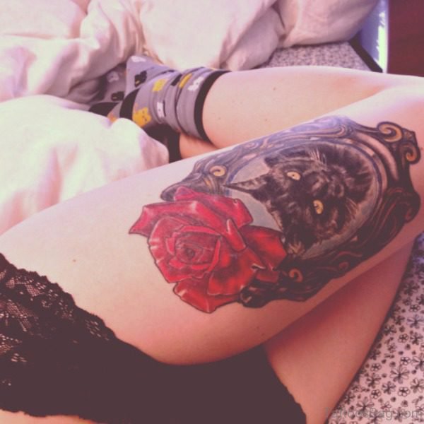 Black Cat With Rose Tattoo On Thigh