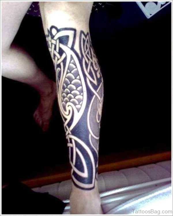 Black Celtic Tattoo On Calf