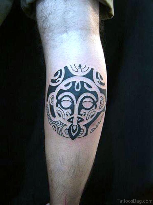 Black Celtic Tribal Tattoo On Calf