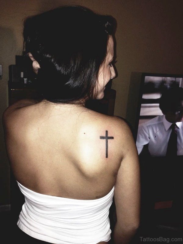 Black Cross Tattoo On Back Shoulder