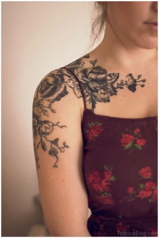 Black Flowers Tattoo On Shoulder