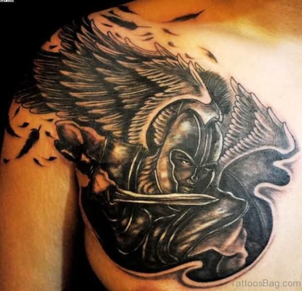 Black Ink Angel Warrior Tattoo On Chest