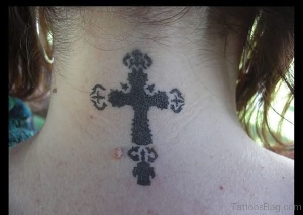 Black Ink Cross Airbrush Tattoo On Nape