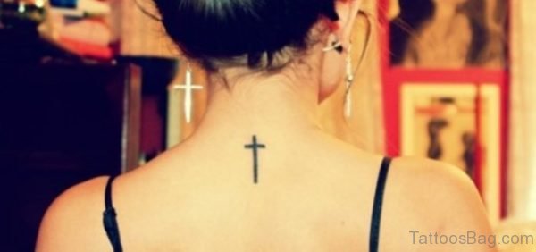 Black Ink Cross Nape Tattoo For Girls