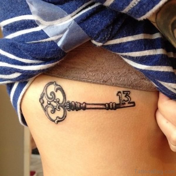 Black Ink Key Tattoo Design For Side Rib