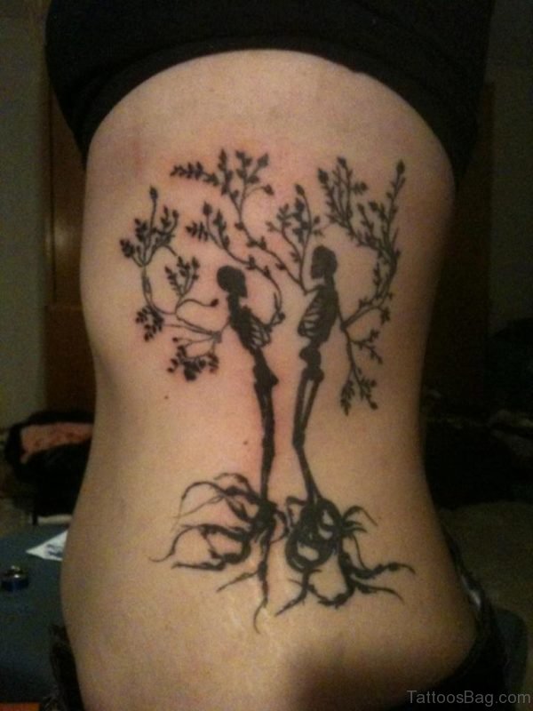 Black Ink Skeleton Tree Tattoos On Rib Side