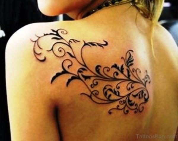 Black Ink Vine Tattoo On Back