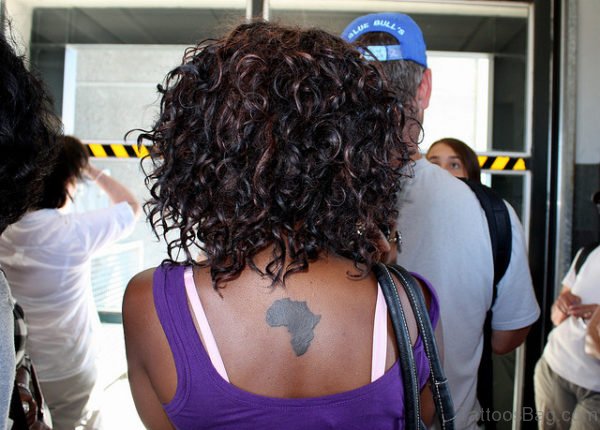 Black Ink african Map Tattoo On Girl Upper Back