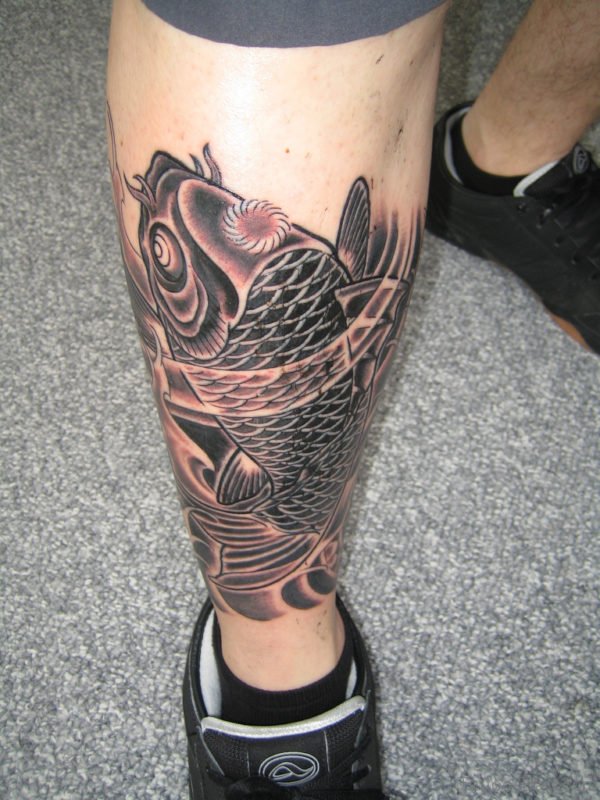 Black Koi Fish Tattoo On Leg 