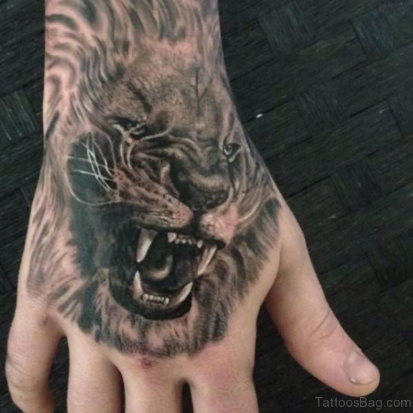 Black Lion Tattoo On Hand