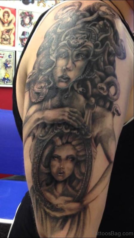 Black Medusa Tattoo Design On Half Sleeve 