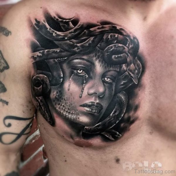 Black Medusa Tattoo On Chest 