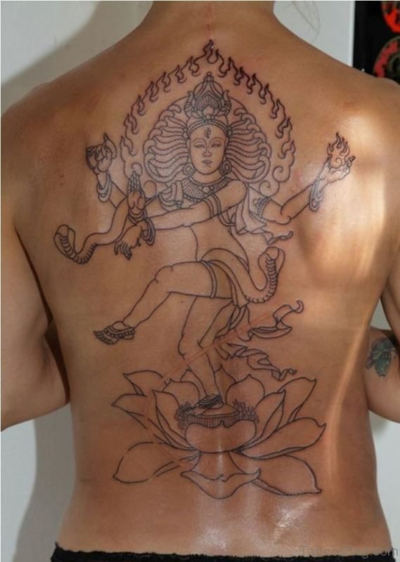 Black Outline Shiva And Lotus Tattoo On Full Back