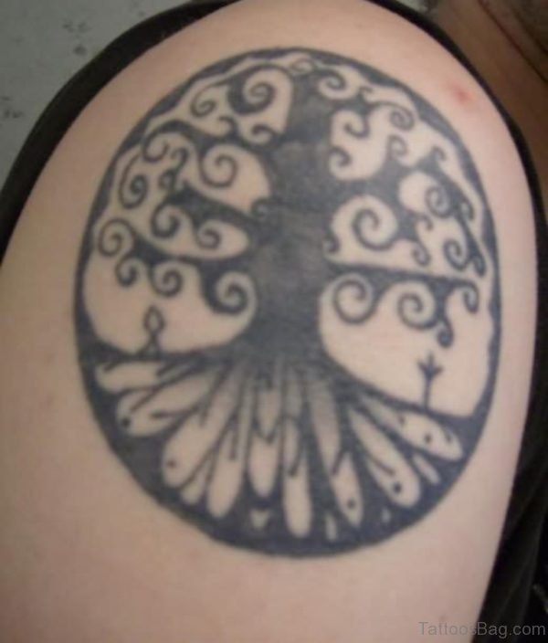 Black Pagan Tree Tattoo On Right Shoulder