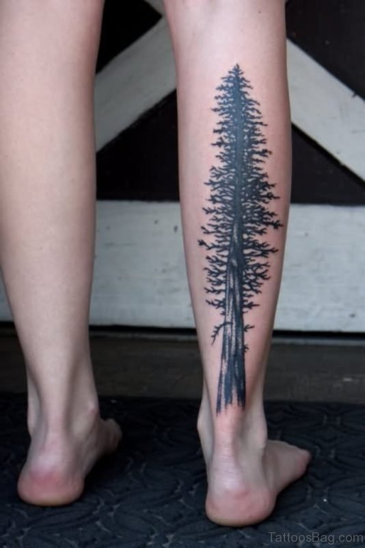 Black Pine Tree Tattoo On Right Leg