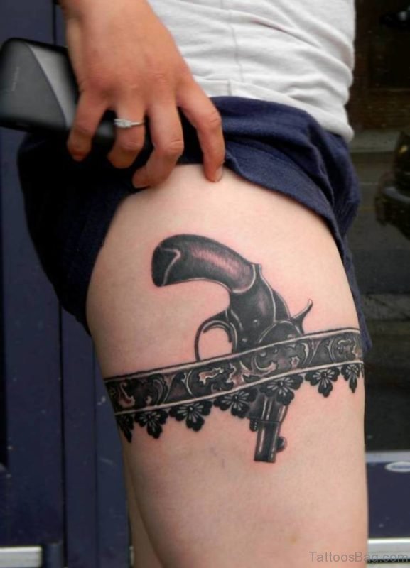 Black Pistol Garter Tattoo On Right Thigh