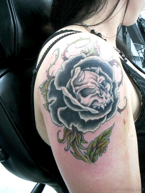 Black Rose With Skull Tattoo Design