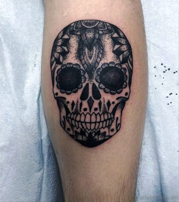 Black Skull Tattoo On Calf