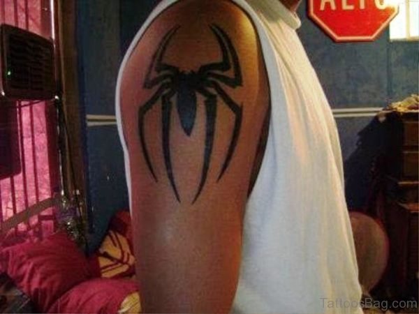 Black Spider Tattoo On Shoulder